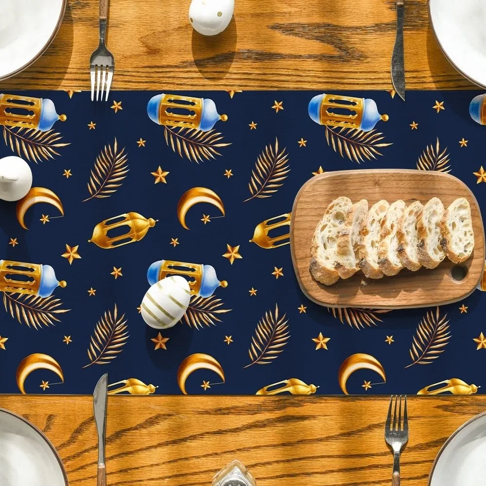 

Vintage Ramadan Table Runner Washable Floral Pattern Moon Star Table Runner Traditional Islamic Table Flag Kitchen
