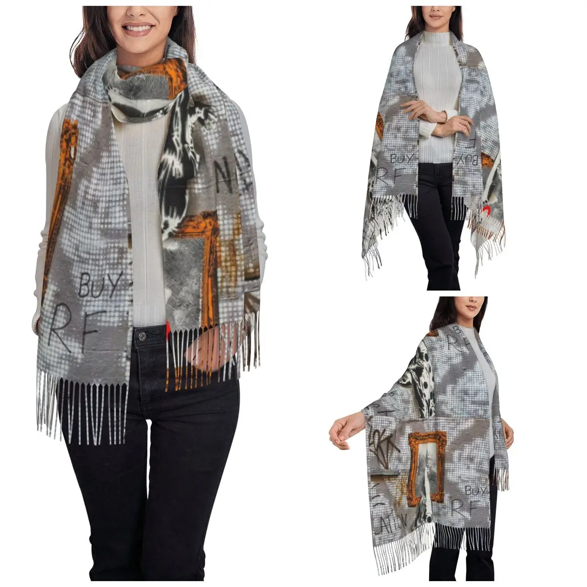 Banksy Graffiti Scarf for Women Warm Winter Shawl Wrap Large Scarves with Tassel Ladies