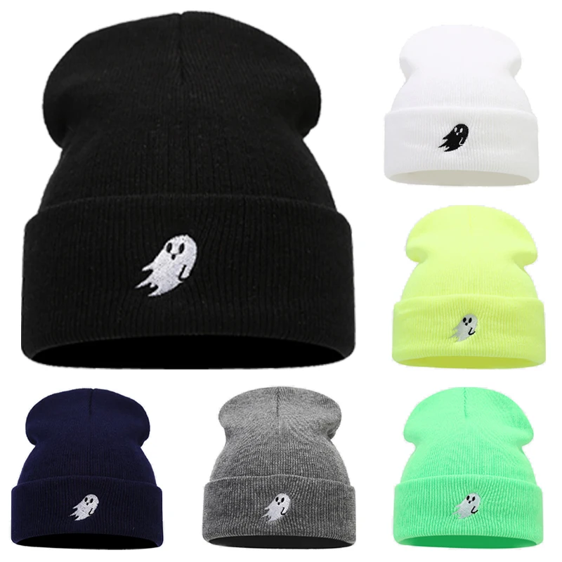 

Funny Ghost Beanies Men Women Winter Warm Thick Windproof Knitted Bonnet Elastic Hip Hop Hat Halloween Embroidery Skullies Gifts