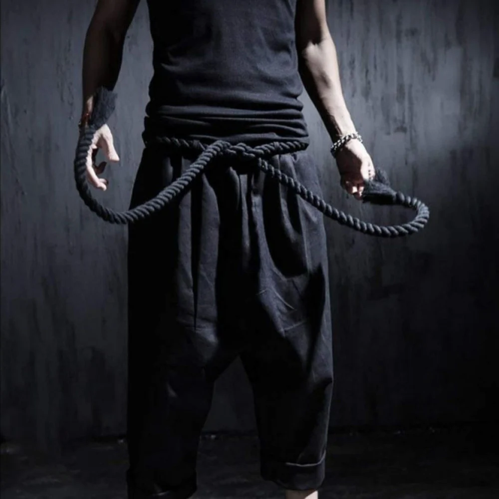 Men Summer Black Linen Harem Pants Nightclub Stage Baggy Trousers With Rope Belt Mens Gothic Punk Hip Hop Joggers Street Wear