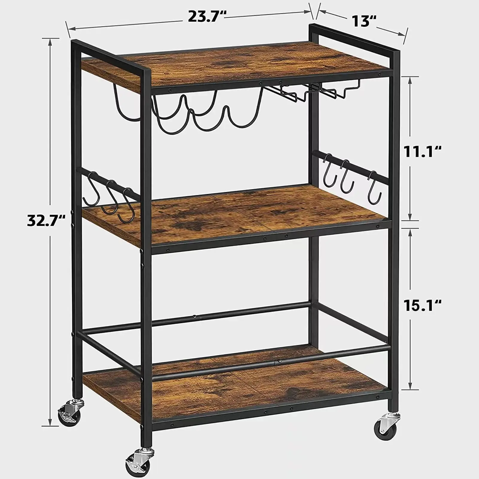 Bar Cart with Wheels Drink Cart with Wine Rack and Glass Holder 3-Tier Home Bar Serving Carts Small Mobile Kitchen Shelf