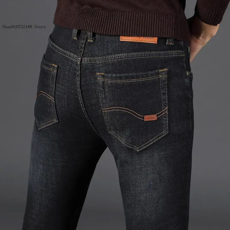 Men Fleece-Lined Warm Denim Jeans Autumn Winter Korean-Inspired Solid Color Stretchy Slim Straight-Leg Pants for Young Adults