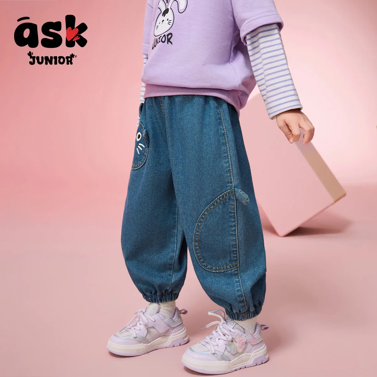 اسأل جونيور [آذان القط ثلاثية الأبعاد] سراويل أطفال ربيعية للفتيات جينز مغسول بناطيل ضيقة للأطفال