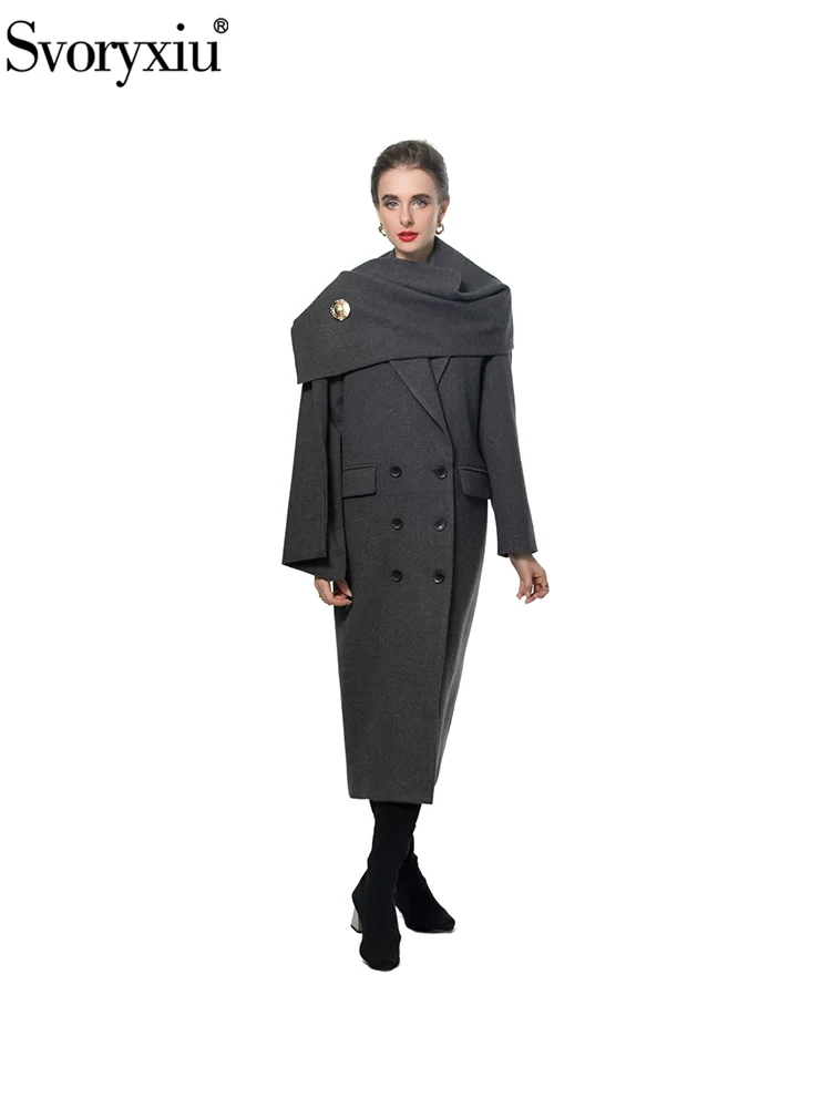 Svoryxiu Fashion Runway Winter Dunkelgrauer knöchellanger Mantel Damen Ulster Kragen Schals Langarm Zweireihiger Mantel