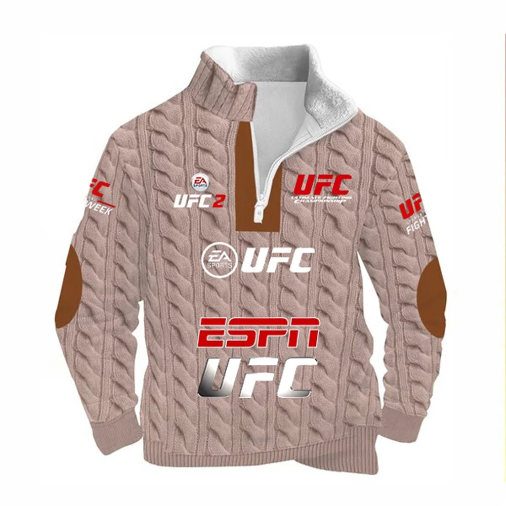 سترة بقلنسوة من الصوف UFC Stand Up cCllar للرجال للخريف والشتاء، بطانة سميكة من الصوف الدافئ، سترة علوية رياضية كاجوال بقصة ضيقة