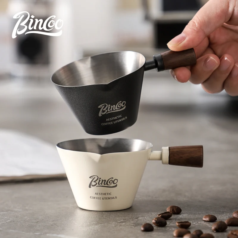 Bincoo Wooden handle espresso measuring cup Stainless steel with graduated small milk cup coffee liquid extraction cup 90ml