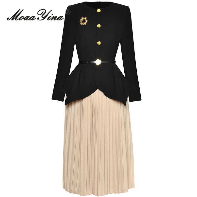 MoaaYina Autumn Fashion Designer Vintage Hit Color Skirt Set Women's O Neck Brooch Sashes Slim Coat+Pleated Skirt 2 Pieces Set