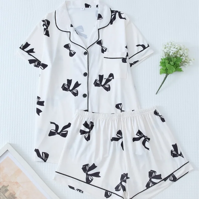 

Пижамный комплект для женщин, шорты с короткими рукавами и бантом, кардиган больших размеров, одежда для сна с принтом, комплект из двух предметов, студенческая домашняя одежда, домашняя одежда