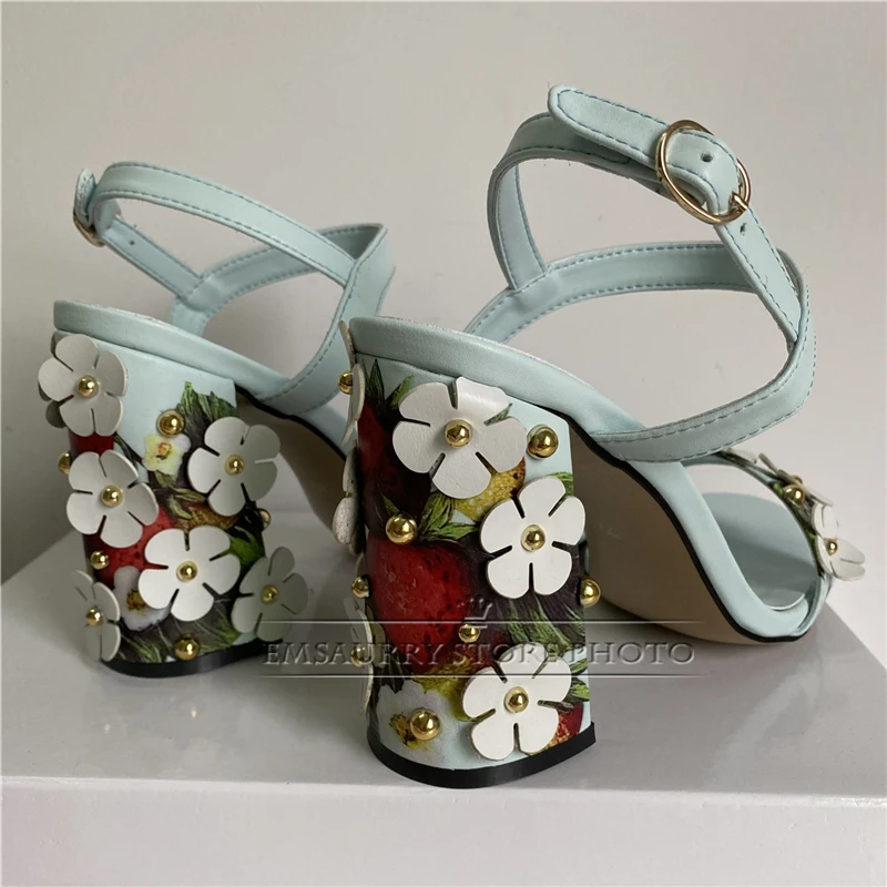 Rivet Flower Modern Sandals Women Genuine Leather Print Strawberry Ankle Strap High Heel Open Toe Party Shoes Summer