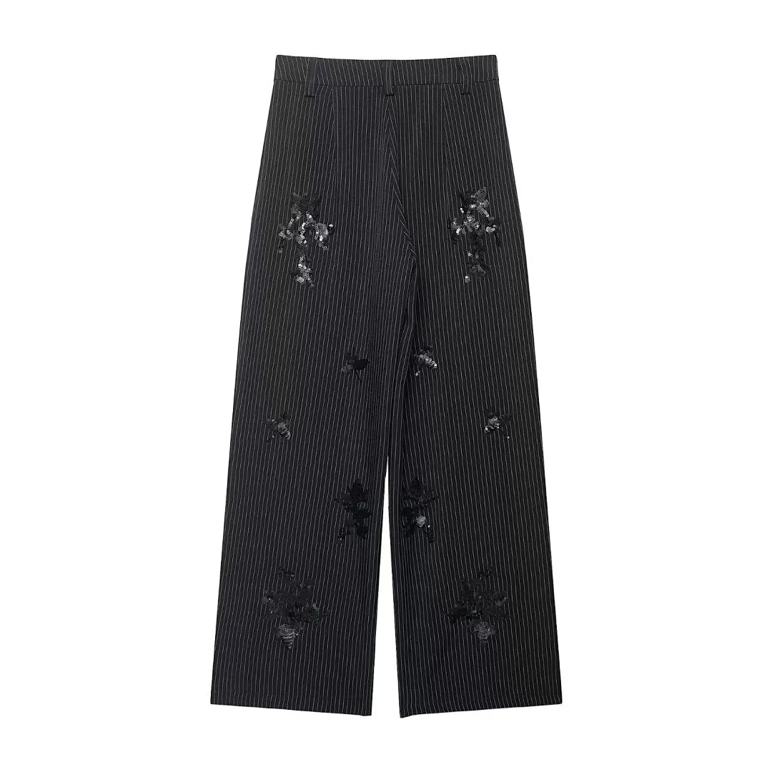 

Jenny&Dave French Minimalist Retro Striped Sequin Embroidered Casual Suits Wide Leg Pants Woman Clothes Women's Pants And Trouse