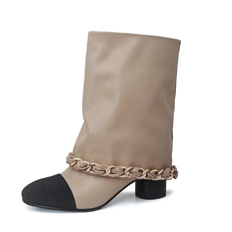 Womens Fashion Trouser Boots Square Heel Chains Shoes Spring Autumn Short Boots Internet Celebrity Trendy Shoes Round Toe