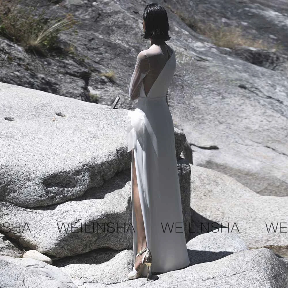 Modern Wedding Dresses Jersey Sheath/Column Wedding Party Dresses White O-Neck Side Split Bow Net Splicing Women's Dresses Trend