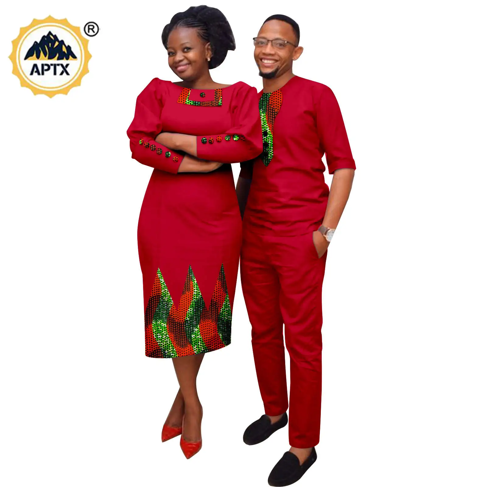 African Appliques Dresses for Women Matching Couple Outfits Dashiki Men Clothes Bazin Riche Top and Pant Sets Wedding  24C050