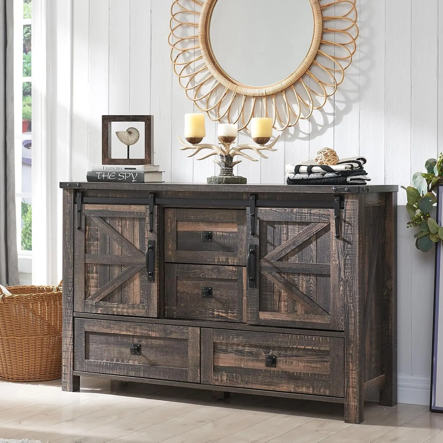 

48'' Farmhouse Dresser w/4 Drawers & 2 Sliding Barn Doors Tall Chest of Drawers Dresser w/Adjustable Shelf Dark Rustic Oak