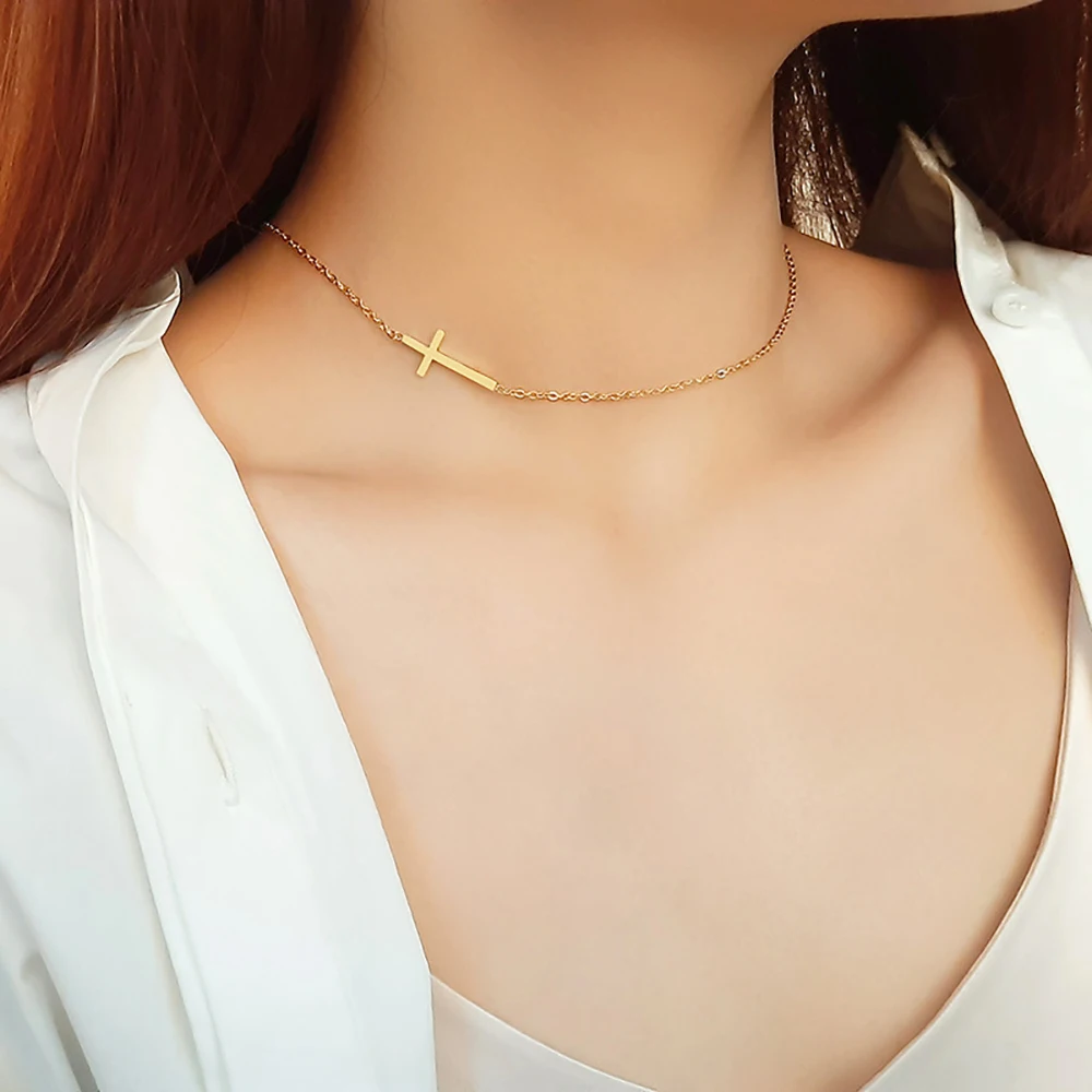 Religiöse Kleine Seitlich Kreuz Halskette Weibliche Gold Silber Farbe Edelstahl Schlüsselbein Halsband Halskette Für Frauen Schmuck