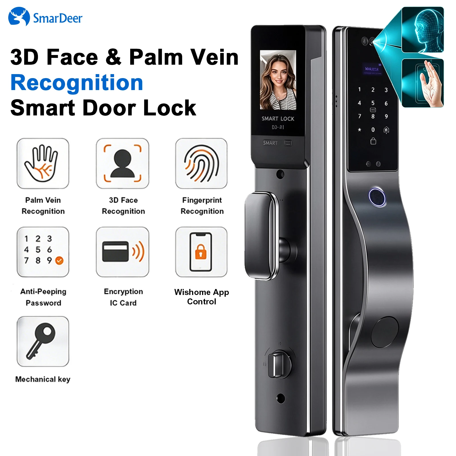 SmaerDer Smart Lock Facial Recognition Lock Fingerprint Magnetic Card Password Fully Automatic Electronic Lock with Camera
