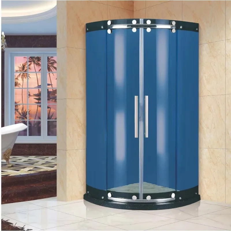 

Modern Luxury Frameless Shower Door Bathroom Curved Shower Door Double Sliding Tempered Glass Blue Glass Shower Room Cabin