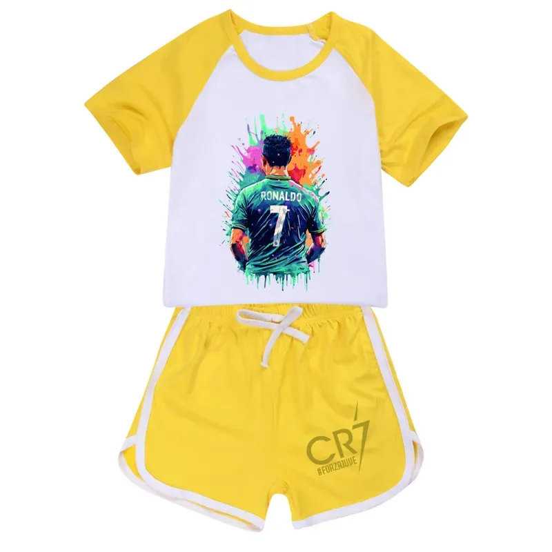 قمصان كرة القدم للأطفال رقم 7 كرة القدم Pjs المشجعين الرياضيين للبنين بنات رونالدو الطباعة CR7'S تي شيرت + السراويل بدلة غير رسمية لمدة 3-14 سنة #3