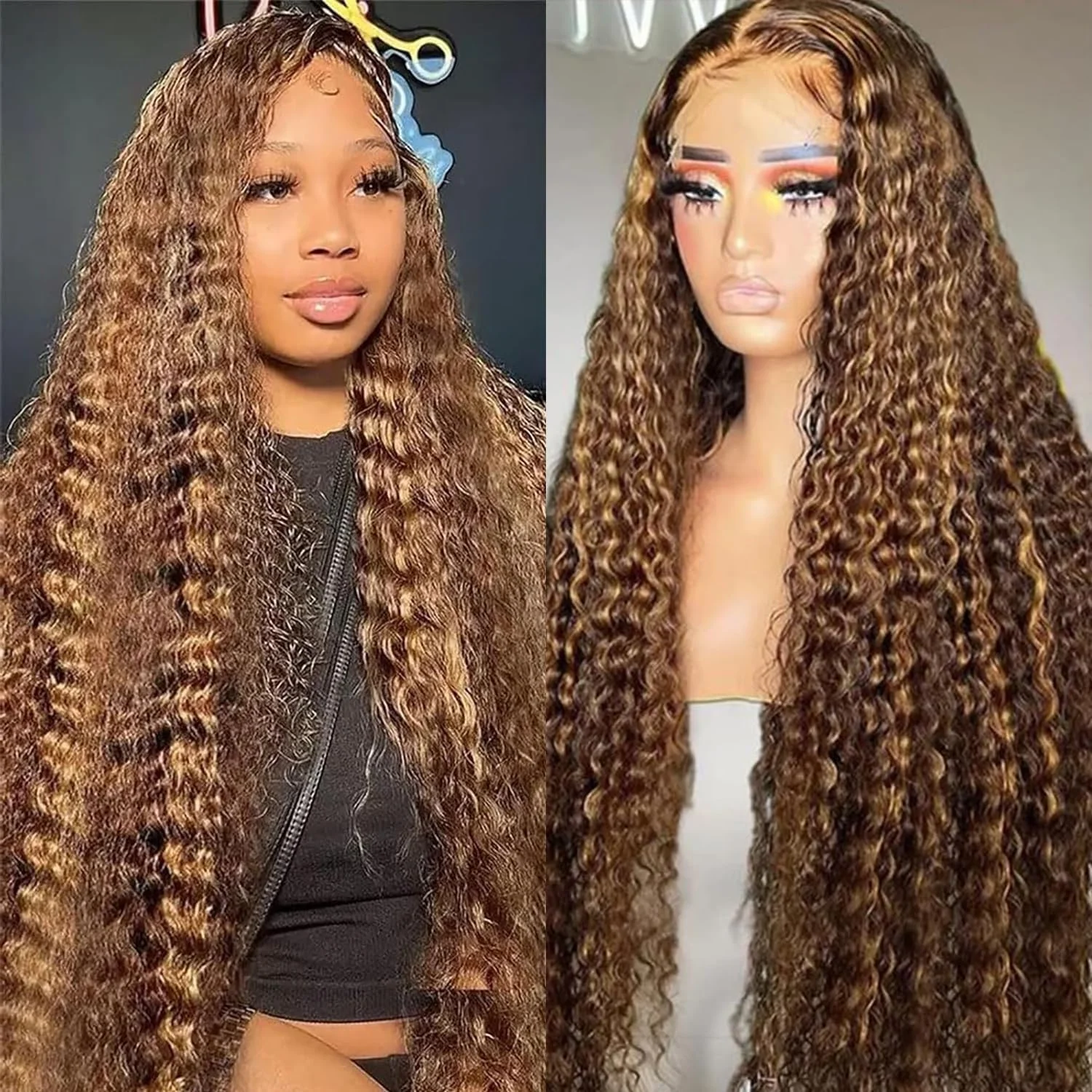 4/27 Highlight Curly Human Hair Wig 30 40 Inches 200 Density 4x4 13x4 HD Lace Closure Wig Soft Hair Texture For Black Women