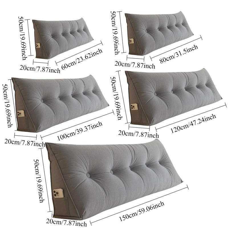 Ergonomic Triangular Back Pillow with Phone Pocket - Soft Leather PP Cotton Filled Lumbar Support Pad Suitable for Beds and Sofa