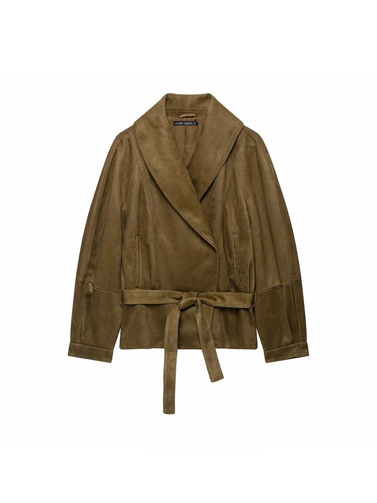 Women Faux Suede Cropped Jacket Camel Shawl Collar Wrap Belted Long Sleeve Raglan Self Slim Fit Elegant Old Money Outerwear Fall