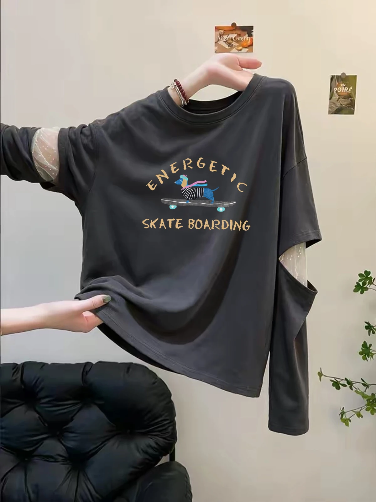High-End Women's Long Sleeve T-Shirt Mesh Splicing Fake Two-Piece Autumn Fashion Versatile Beautiful Top Relaxing Style Creat...