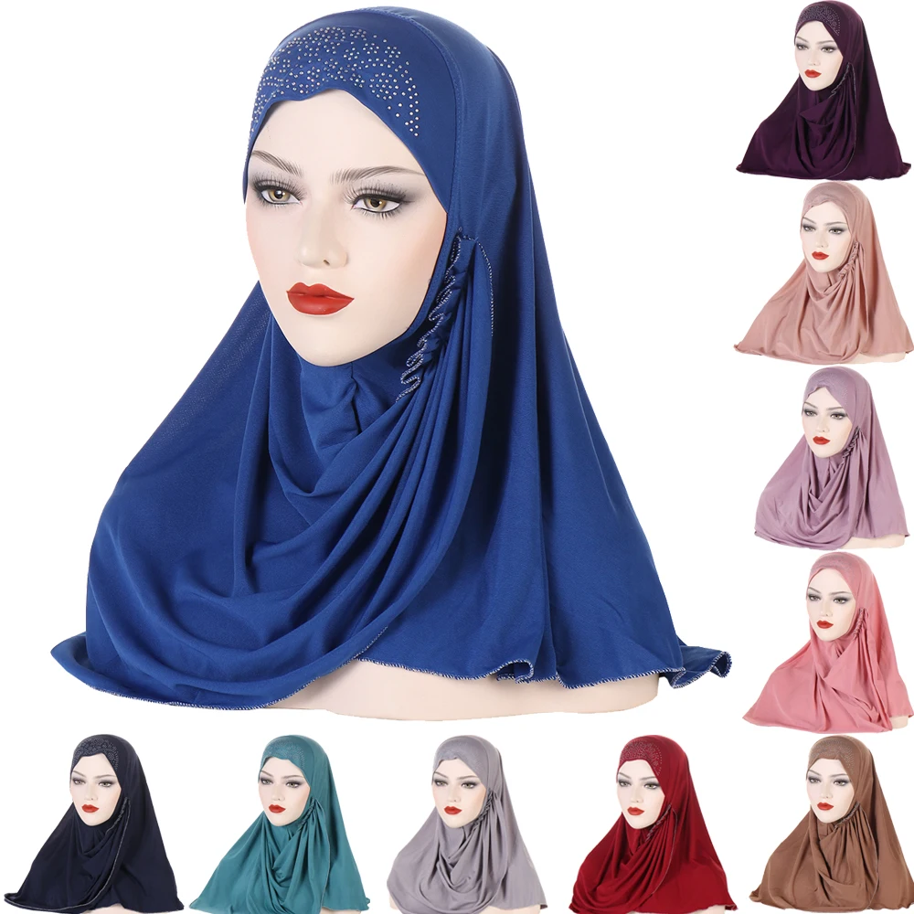 One Pieces Women Muslim Amira Hijab with Rhinestones Pull On Islamic Scarf Head Wrap Amira Headwear Prayer Hat Solid Headscarf