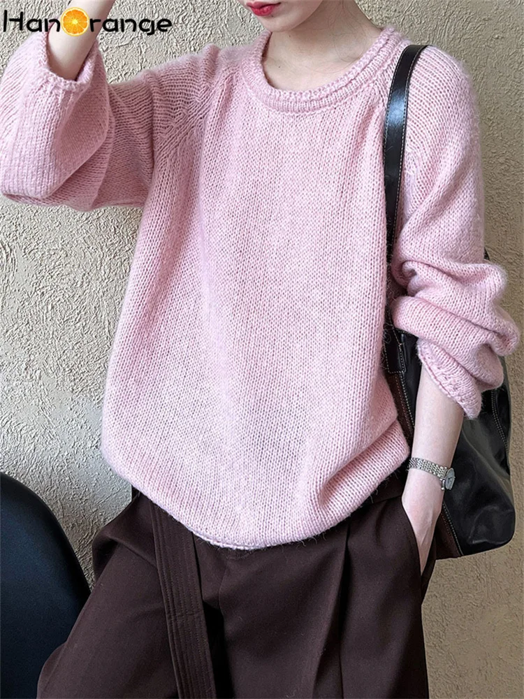

HanOrange 2025 Soft Cozy Curly-Edged Round-Neck Knitted Sweater Women Autumn Lazy Wool Knitting Top White/Peach Pink/Swan Blue