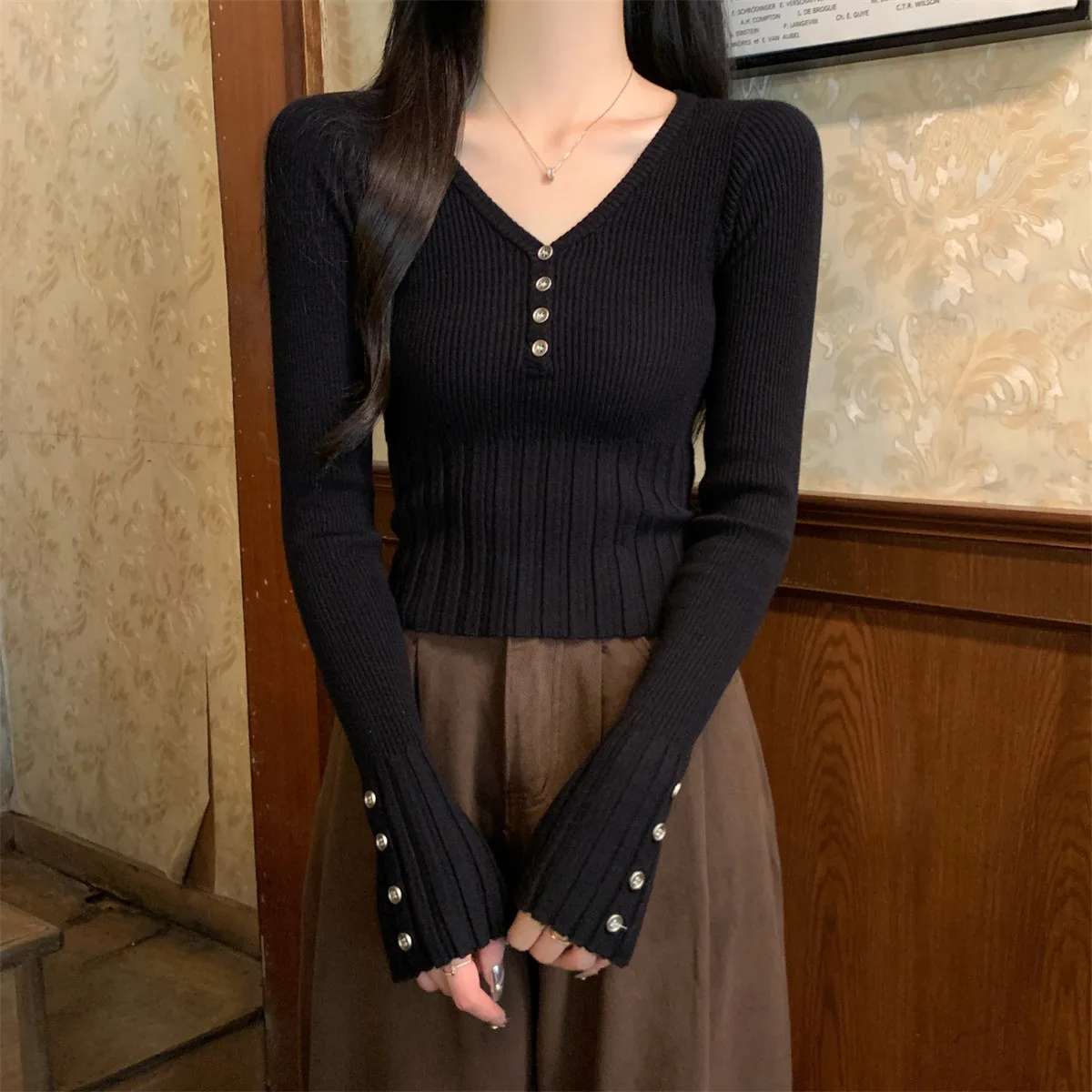 여성 의류 니트 스웨터 여성 풀오버 신상 슬림 블랙 긴팔 브이넥 니트 스웨터 풀오버 여성 상의 스웨터 Q2562