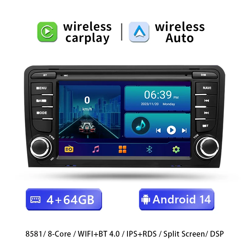 7'2 DIN draadloze CarPlay Android 14 autoradio voor Audi A3 8P 8L S3 RS3 8E/8H S4/B5 B7 2003-2012 Sportback Seat Exeo Multimedia GPS navigatiescherm stereo Wifi 4G 128GB