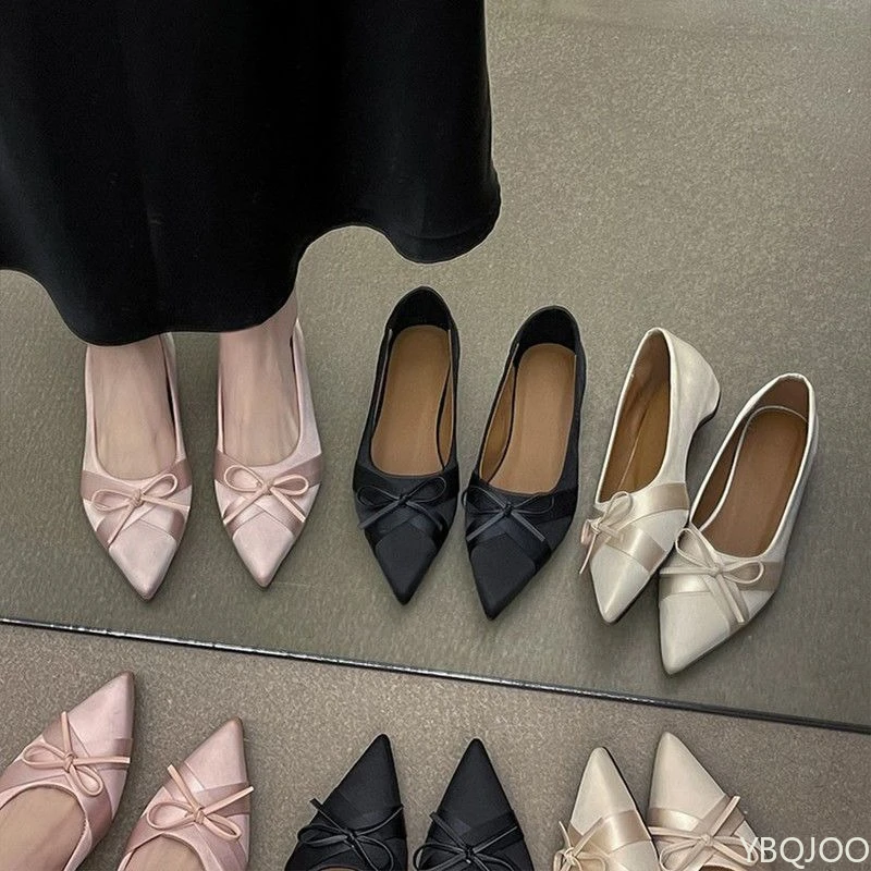 春秋の新作多用途でおしゃれなポインテッドハイヒールエレガントでシンプルなレディースシューズ蝶結び快適なローヒール