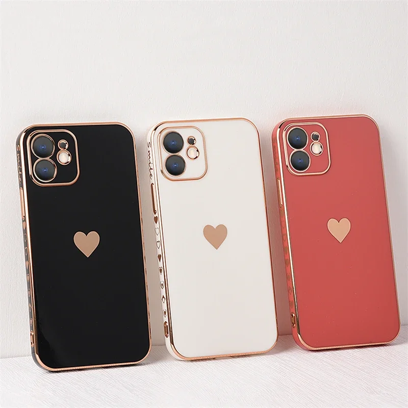 Luxury Plating Love Heart Soft Case For iPhone 14 13 12 11 Pro Xs Max Mini SE X XR 7 8 6 6s Plus Edge Pattern Silicon Back Cover