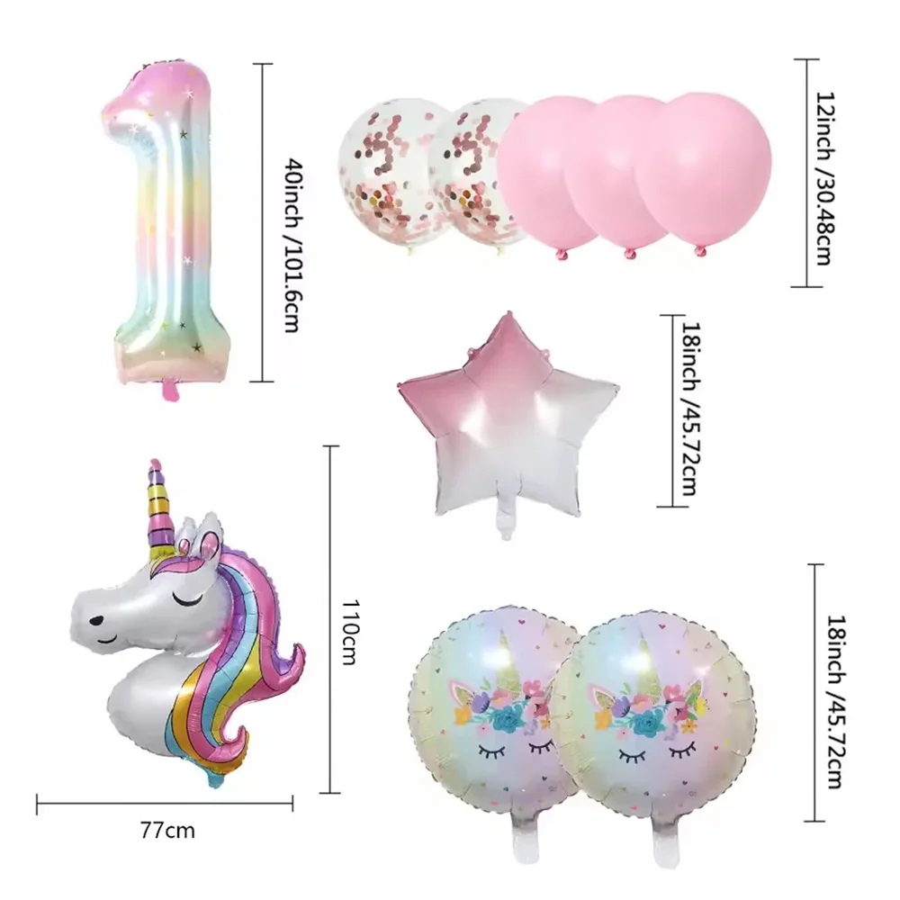 10pcs/set Rainbow Unicorn Party Balloons 40inch Gradient Color Digital Foil Balloons for Child Birthday Party Baby Shower Decor