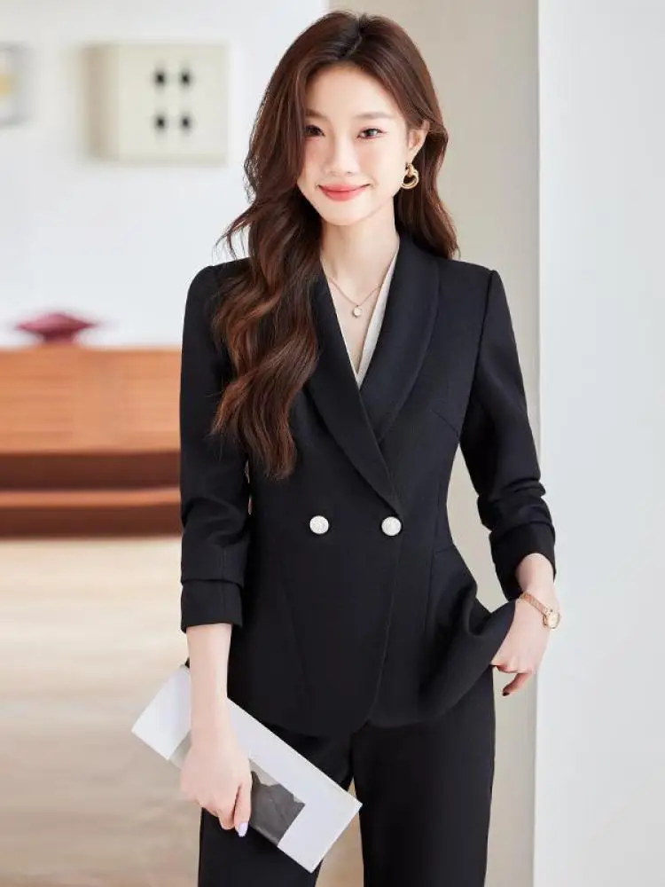 

Spring Autumn Women Solid Elegant Long Sleeves Office Cardigan Blazer Coat And High Waist Pant Festival Two-piece Set Simplicity