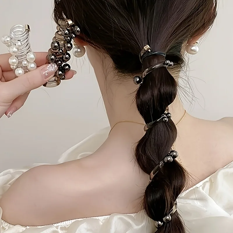 

Трехкомпонентная пружинная резинка для волос с имитацией жемчуга, спиральная резинка для волос в виде телефонного кабеля