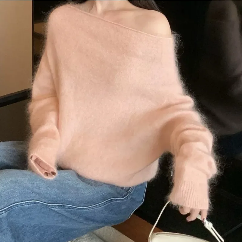 Mohair Knitted Sweater Women's Autumn and Winter Slanted Shoulders Loose Lazy Style One-word Shoulder Sweater Temperament Top