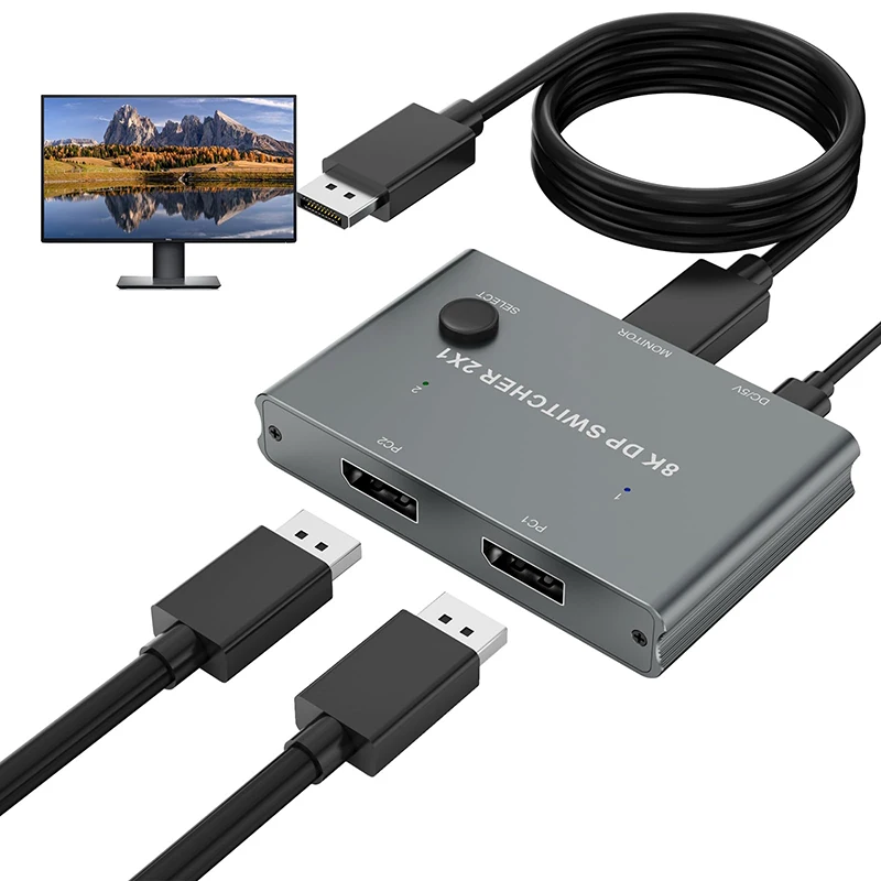 

8K DisplayPort Switch 2 in 1 Out, DP Switches Splitter Selector Box with Button Support 8K@60Hz, 4K@144Hz Compatible with PC