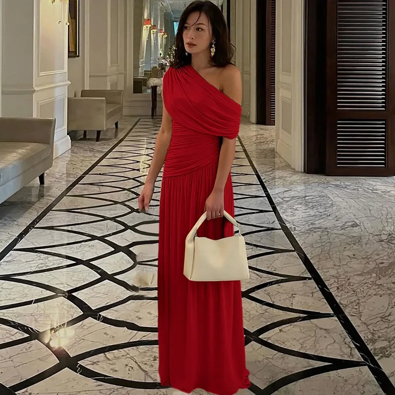 CHNMR Elegant One Shoulder Ruched Slim Maxi Dress Women Fashion Sleeveless Evening Party Robe Y2K 2026 Summer New Female Clothes - view 6