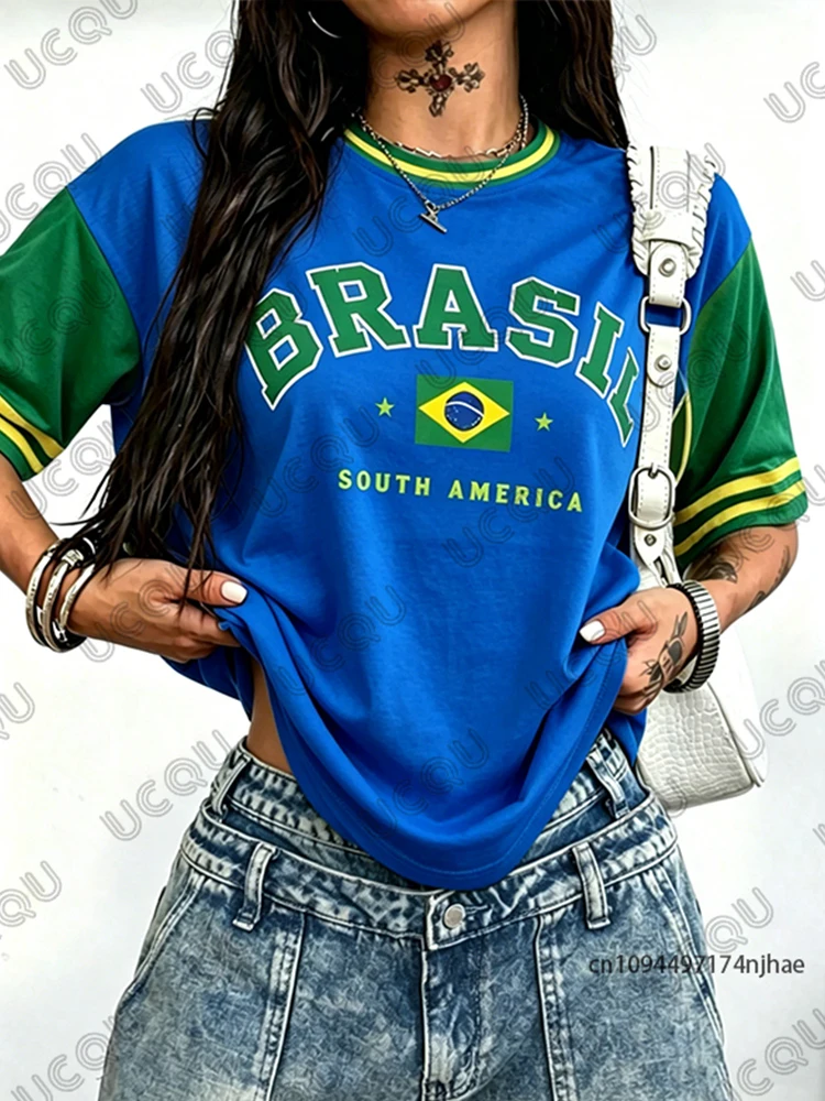 Sommerliches neues T-Shirt mit Brasilien-Print für Damen, Patchwork, O-Ausschnitt, Kurzarm, Sport-T-Shirt, Fußballtrikot, Y2K, locker geschnittenes Oversize-Oberteil – Detail 6
