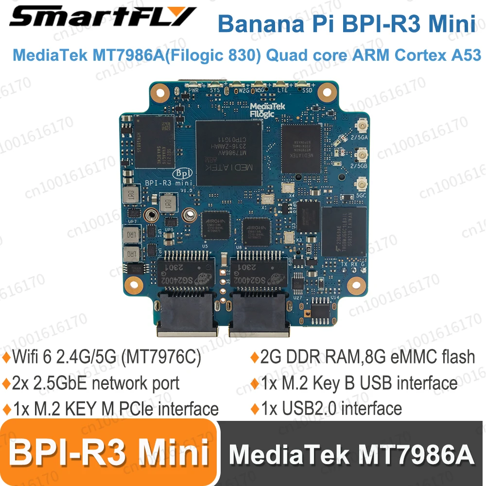 Banana Pi BPI-R3 Mini Router Board MediaTek MT7986 2G RAM 8G eMMC support Wi-Fi6 2.4G/5G with MT7976C, 2x 2.5GbE ethernet port