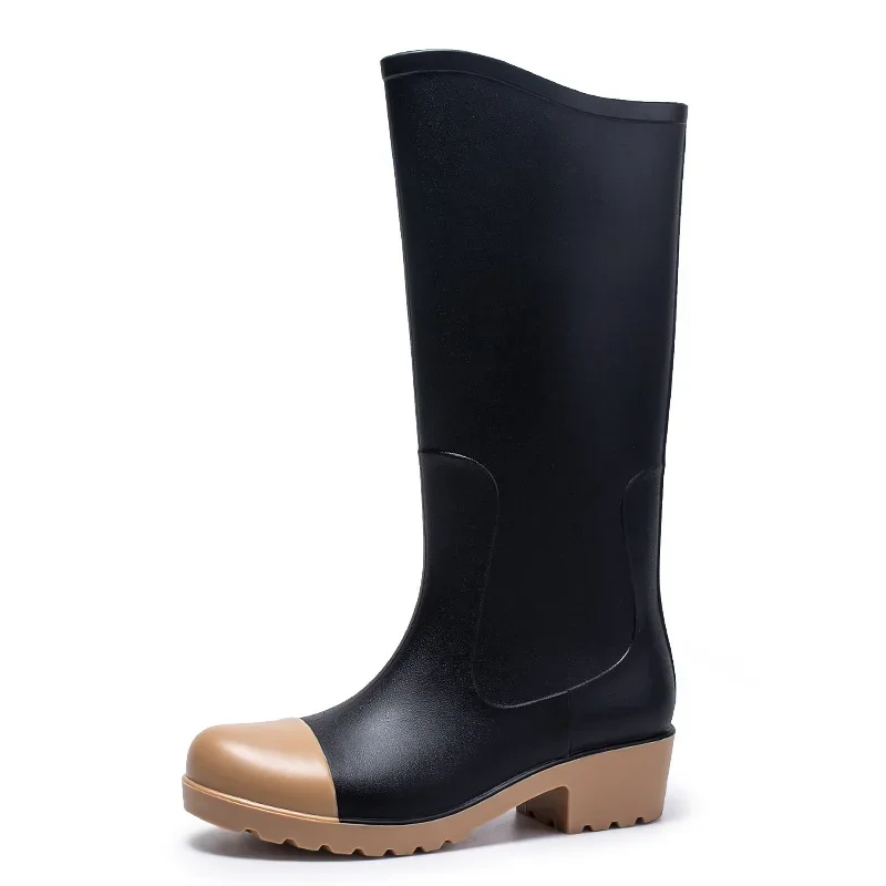 

New Women Fashion Knee-high Thick Heels Rain Boots Female Outdoor Tall PVC Rainboots Waterproof Woman Water Shoes Wellies