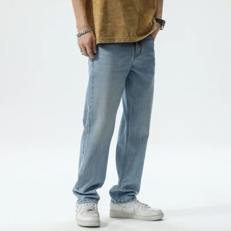 2024 spring and summer new light blue watermark vintage washed casual versatile cleanfit straight pants loose men's jeans