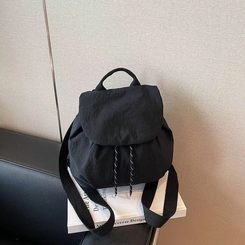 Casual Lightweight Travel Backpack For Women Canvas Simple Drawstring Backpack Large Capacity Student Black Schoolbag Teenagers