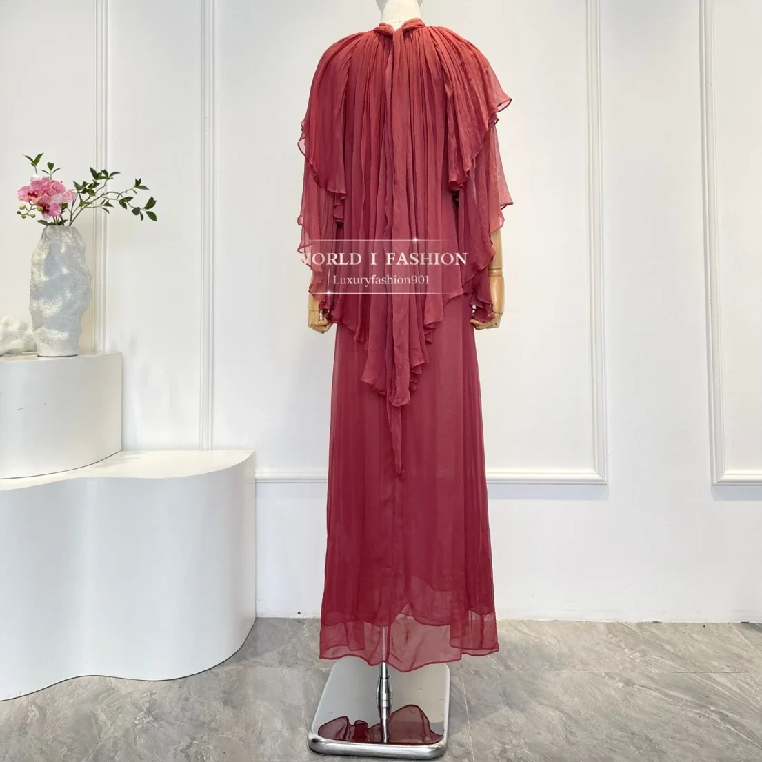 

2025 New Elegant Party Dresses Red Long Sleeve Ruffles Flowing for Woman Clothes