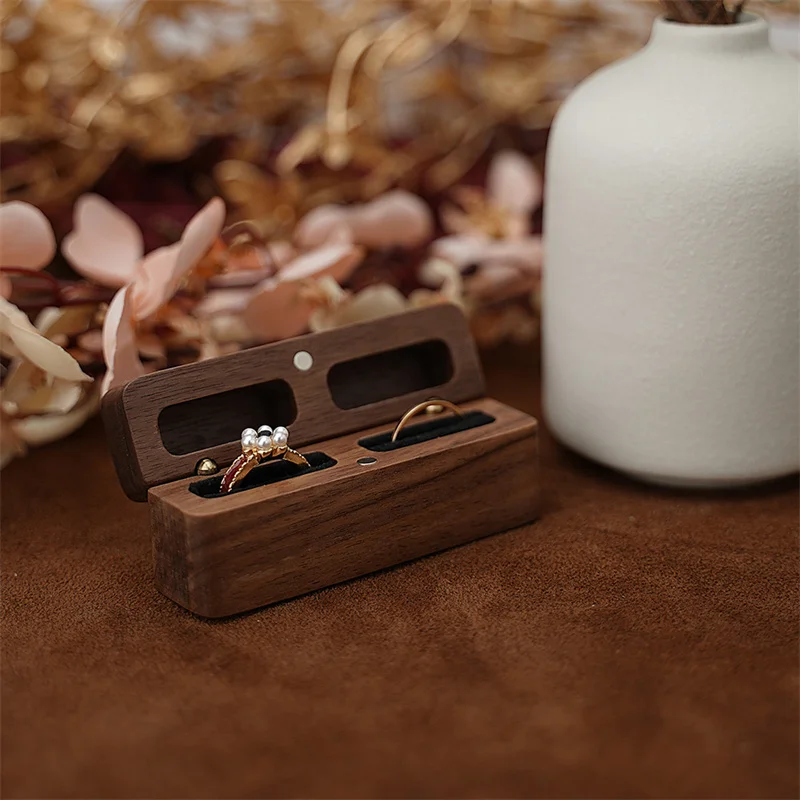 

Retro Walnut Wooden Wedding Ring Box 2 Rings Storage Box Display Packaging Jewelry Box Small Jewelry Organizer