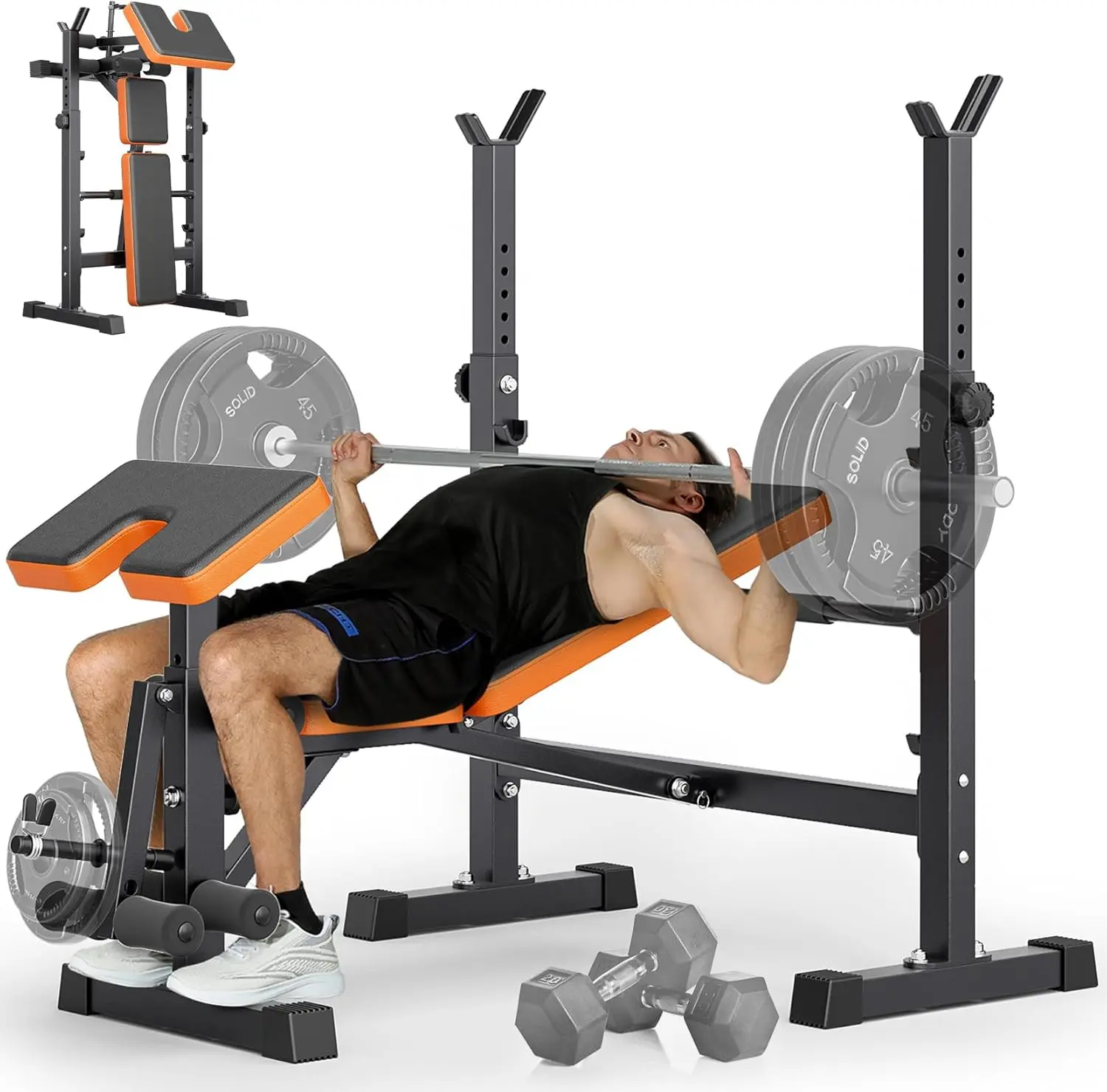 6-in-1 Platzsparendes Hantelbank-Set für das Home-Gym, Schnell Faltbar & Verstellbar, Hantelbank/Beinstrecker/Preacher Curl/Sit-ups, Schwarz