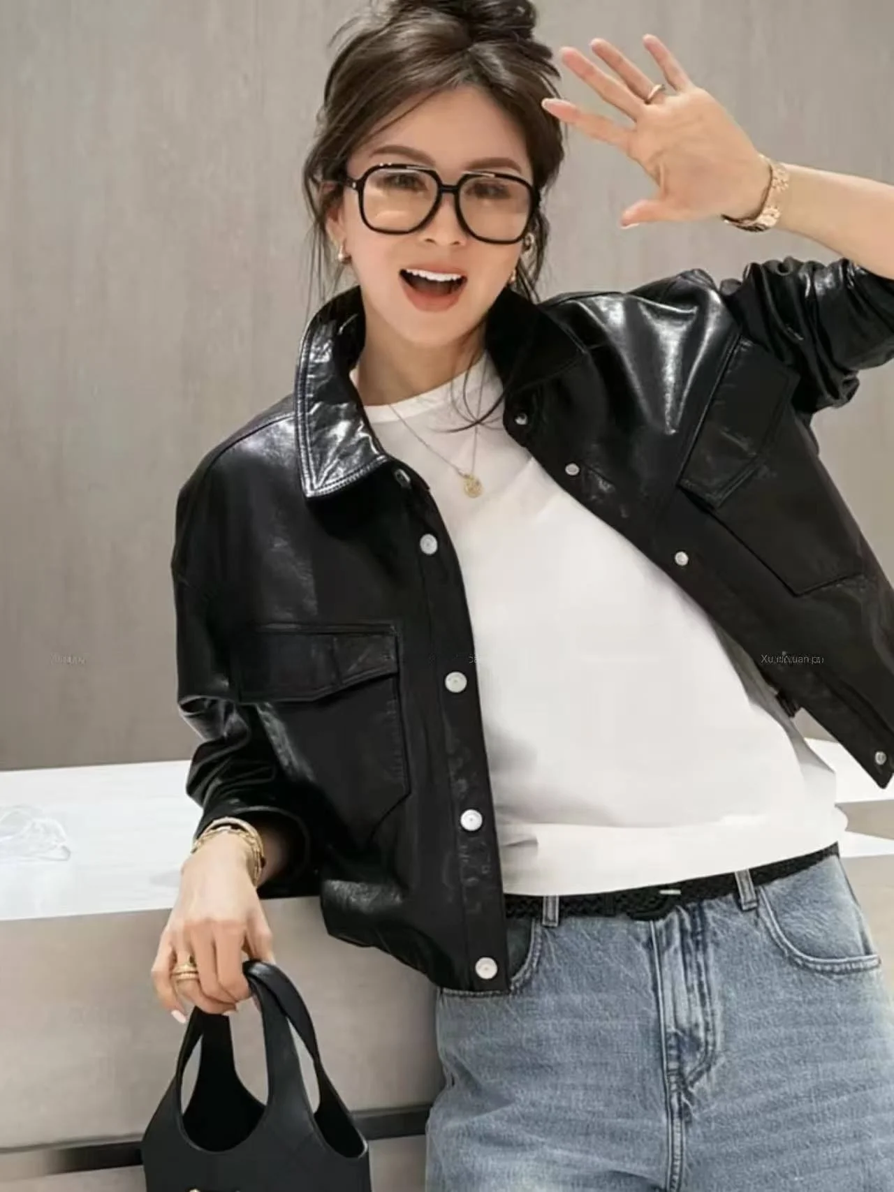 

Spring 2026 Vintage Hong Kong Sle Loose Fit Biker Leather Jaet Women's Stand Collar ort Zipper eepskin Coat