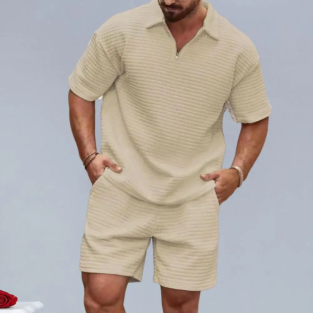 Conjunto masculino de waffle texture sportswear, tops de manga curta lapela, shorts de cordão ajustável sólido para ativo