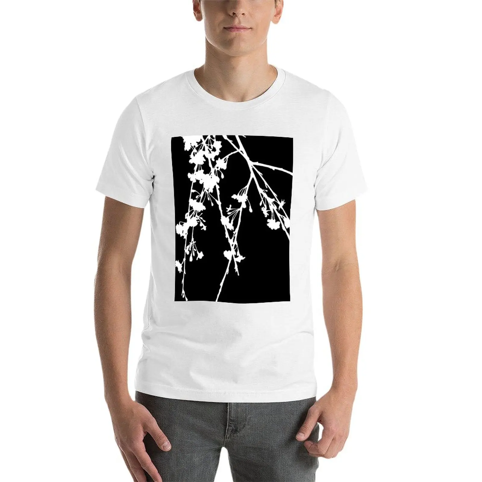 فرع شجرة الكرز البكاء ، تي شيرت أبيض وأسود اللون تي شيرت للرجال قطن قطن تي شيرت رجالي 100% تي شيرت #4