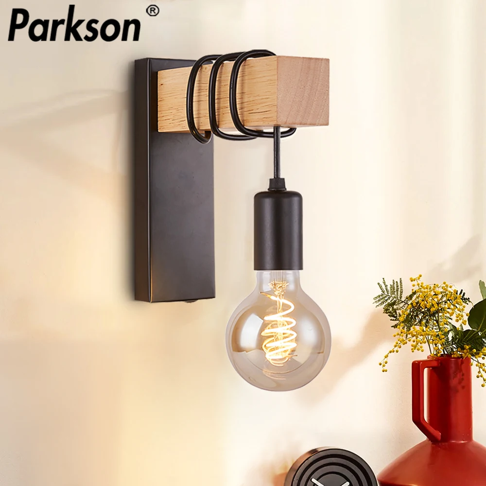 Nordic Iron Wood Wall Lamp E27 Retro Wall Light Fixture Indoor Industrial Sconce Lamp Dining Room Bedside Lamp Bedroom Light